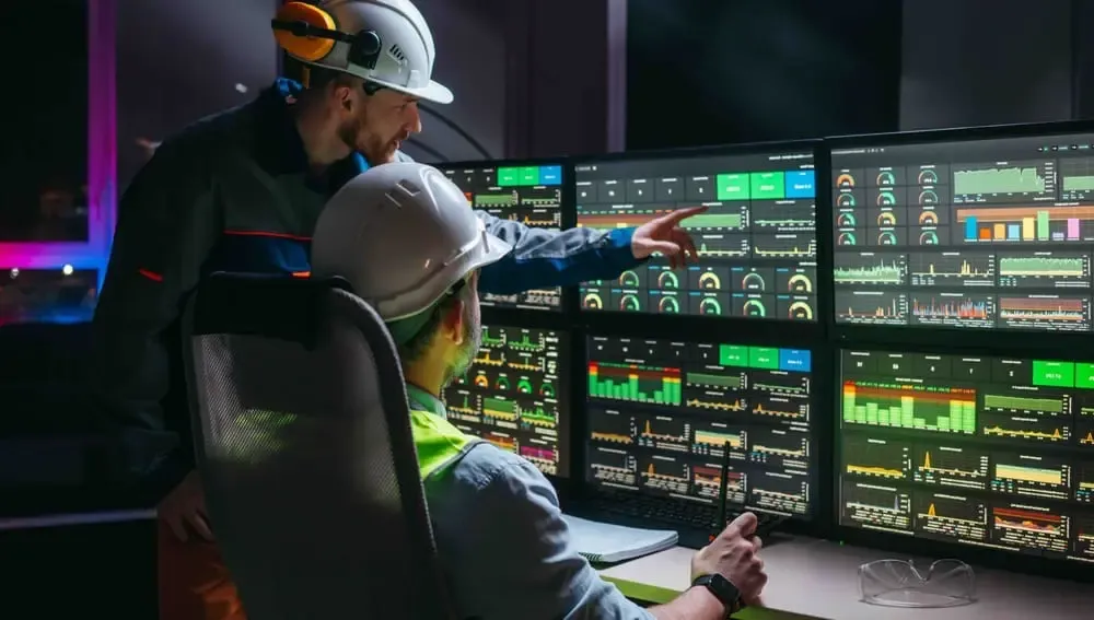 Operadores supervisando la distribución de energía en tiempo real a través de un sistema de monitoreo multipantalla
