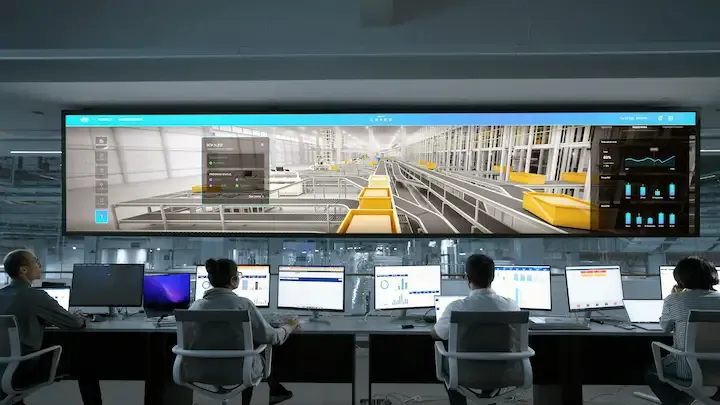 Planta de manufactura moderna operando con alta eficiencia bajo supervisión de sistemas SCADA